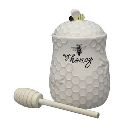 Ceramic Honey Jar with Wood Honey Dipper